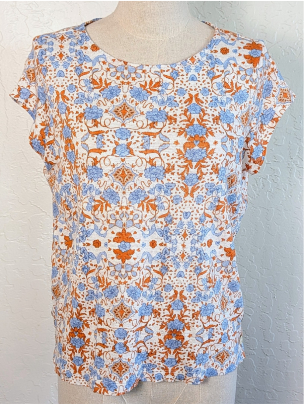 Rachel Zoe Linen Top M Blue Orange Floral Boho Coastal Lightweight Blouse - Picture 2 of 12